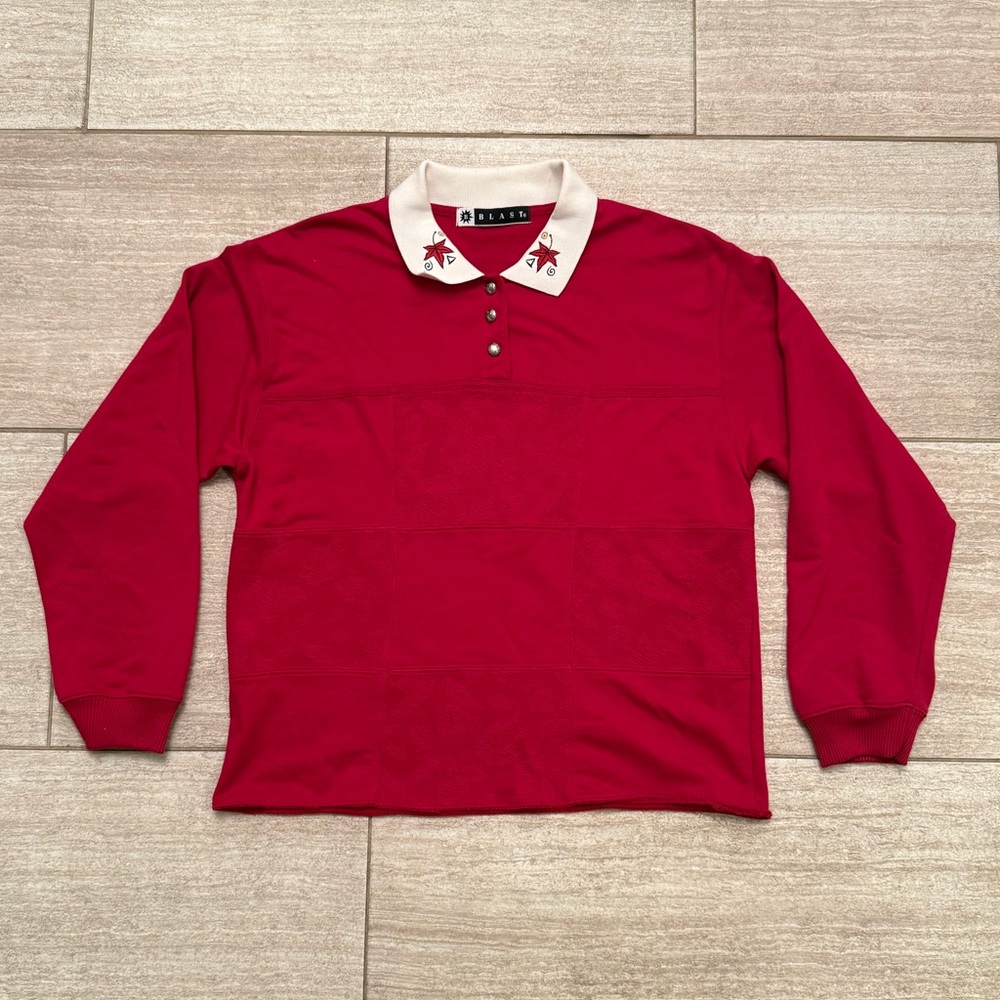 Vintage Blast Red Embroidered Collar Long Sleeve Sweater Top Women’s M L Retro
